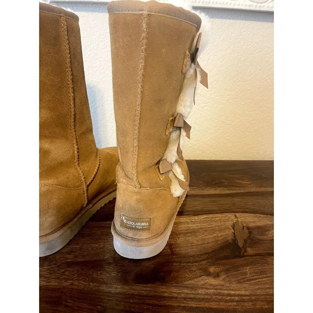 Koolaburra Uggs Calf High Boot Size 10 Boots side Bows Camel Brown sherpa lined